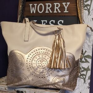 Classic Beige Tote with Rose Gold Metallic Accents